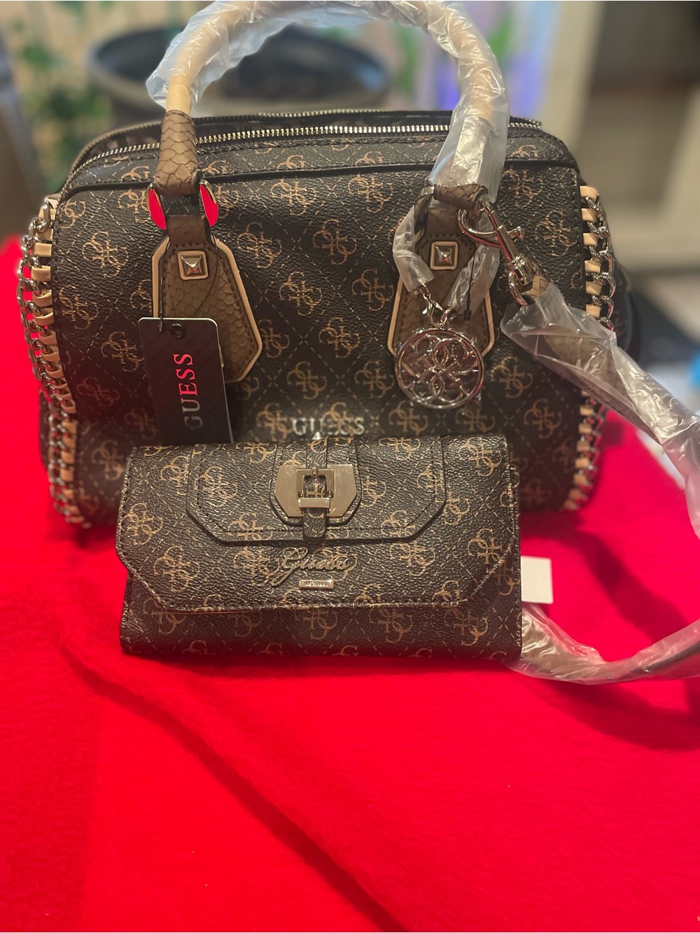 GUESS Brown Monogram Satchel with Gold Hardware
